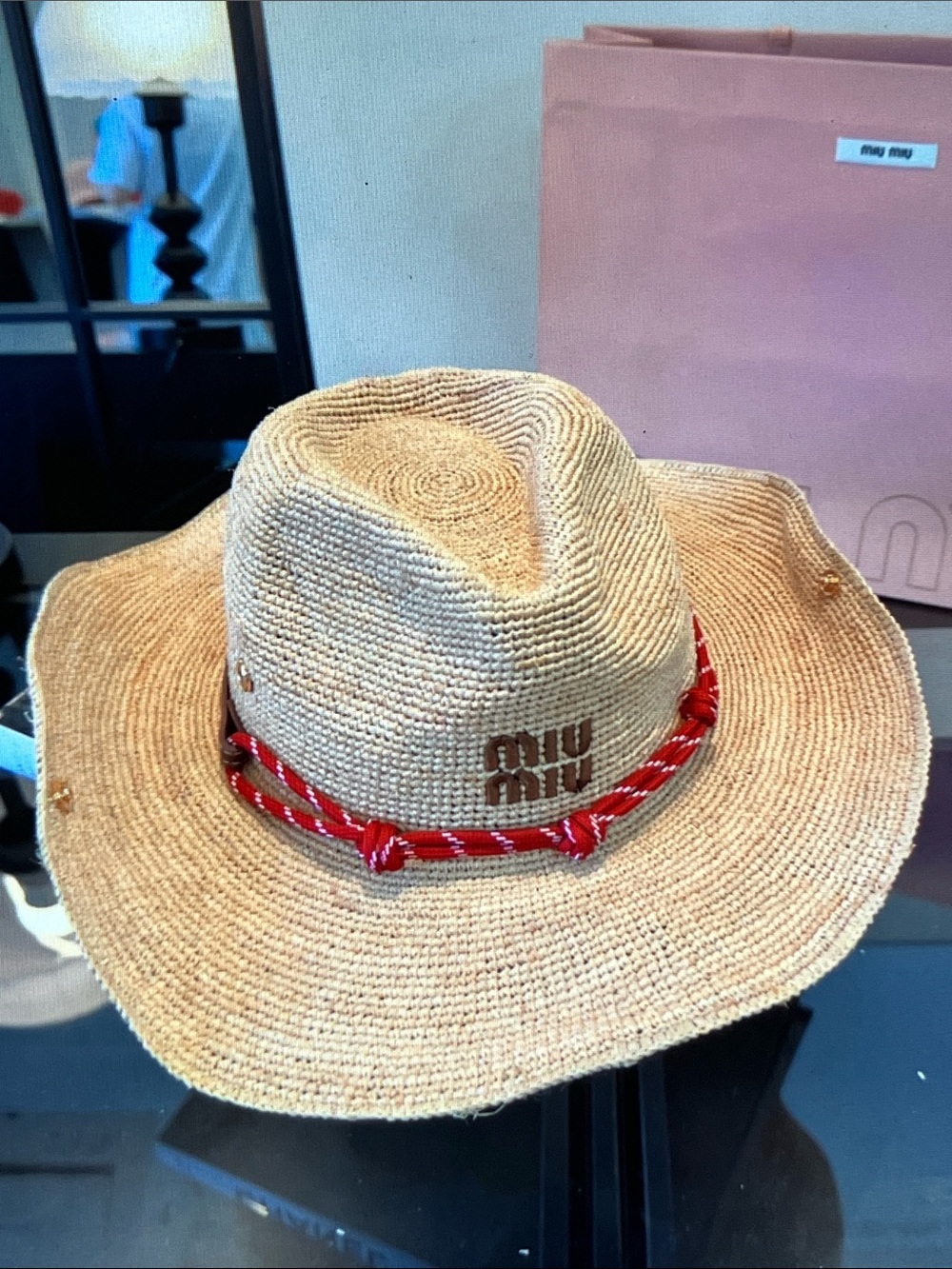Miu Miu Raffia Cowboy Straw Hat Red Rope Band Embroidered Logo Sun Hat - Picture 2 of 7